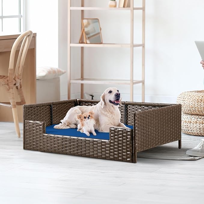 YITAHOME Rattan Dog Sofa Bed with Cushion,Wicker Pet Bed Sofa Couch Indoor Outdoor Water Resistant for Large Medium Small Dogs Cats (38.6''L*26.4''W*15''H,Blue)
