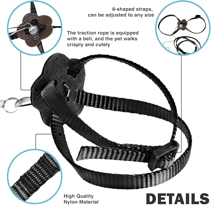 2 Pack Adjustable Hamster Leash Harness for Harness for Ferret Baby Rabbit Hamster Rat Mouse Leash Lead with Bell (Black)