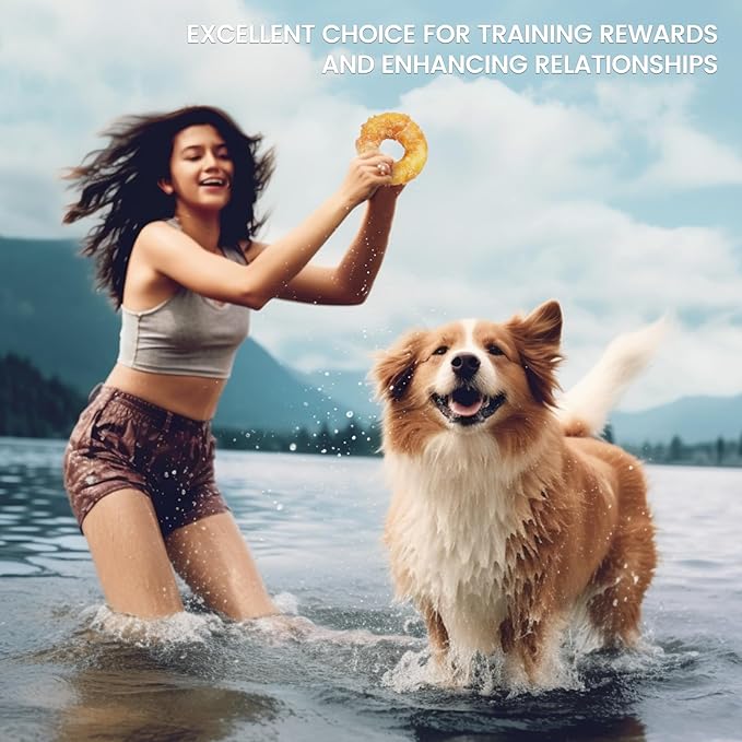 Dog Treats Large Breed, Chicken Wrapped Rawhide Donuts Ring Rawhide Dog Chews Long Lasting Grain Free Snacks with Taurine for Medium Large Dogs 4 Counts
