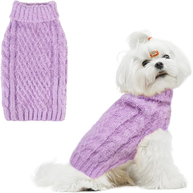 Turtleneck Small Dog Sweaters - Classic Cable Knitwear Winter Coat for Small Medium Dogs Male Female Puppy Dog Cold Weather Clothes Girls Boys, Purple, M