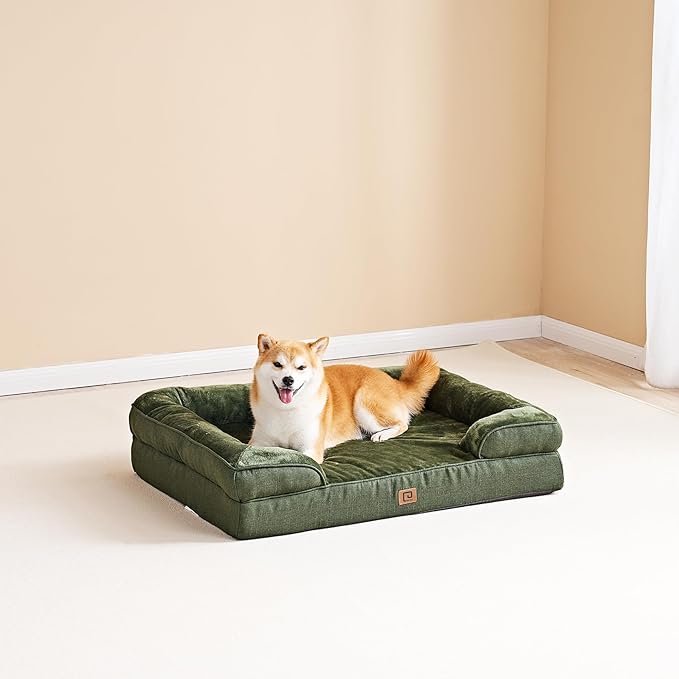 EHEYCIGA Orthopedic Dog Beds for Large Dogs, Waterproof Memory Foam Large Pet Bed with Sides, Non-Slip Bottom and Egg-Crate Foam Dog Couch Bed with Washable Removable Cover, Dark Green