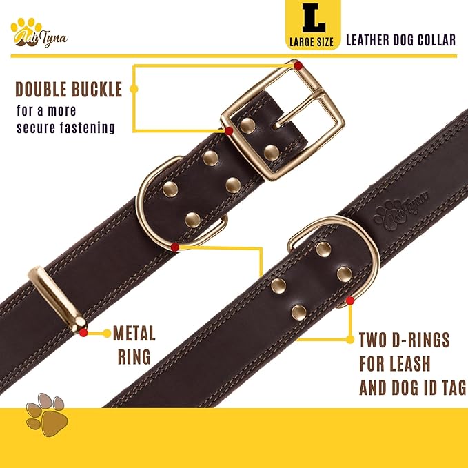 ADITYNA Heavy Duty Leather Dog Collar - Soft and Strong Leather Collar for Large Breeds (Large: Fit 17" - 23" Neck, Brown - Gold Colored Buckle)