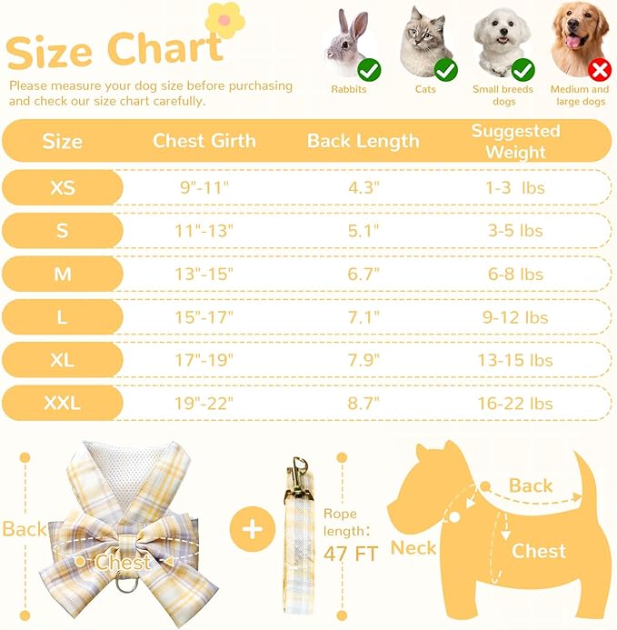 Cute Dog Harness and Leash Set with Bow Tie Soft Mesh Plaid Girl Puppy Harness No Pull Pet Cat Dog Vest Harness for Small Dogs Chihuahua Rabbit Outfit (Yellow,XS)