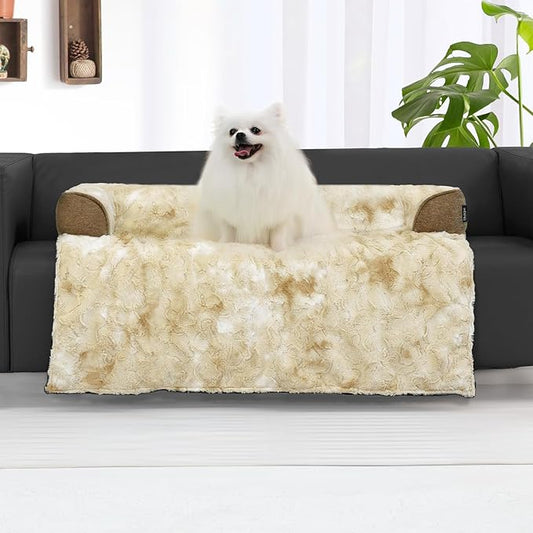 Calming Dog Couch Bed for Medium Dogs/Cats, 35 x 31 inch Waterproof Removable Dog Mat Couch Cover for Furniture Protector, Non-Slip Fluffy Pelsbarn Dog Bed for Couch, Sofa - Tie-Dry Khaki