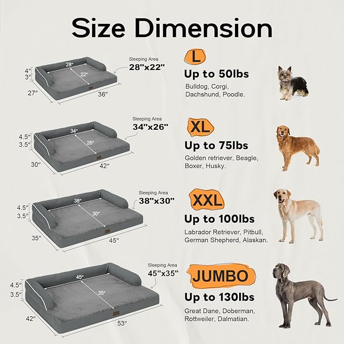 Large Dog Bed Orthopedic Washable - Beds Bolster - Extra Large Big Dogs - Memory Foam Couch Sofa - Waterproof with Removable Cover - Dark Grey Dog Bed
