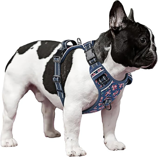 Timos Dog Harness, No Pull Dog Harness 3 Snap Buckles Adjustable Reflective No Choke Pet Vest for Small Dog with Soft Padded Control Training Handle for Outdoor Training,Flower Blue, S