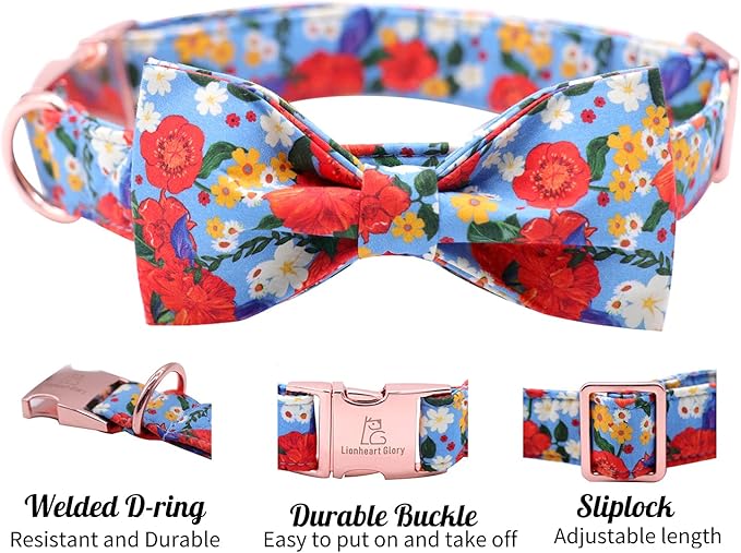 Lionheart glory Floral Print Dog Collar Adjustable Soft Dog Collar with Bowtie, Girl Pet Collars for X-Small Small Medium Large Dogs