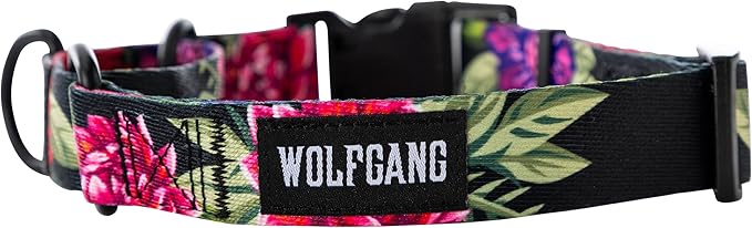 Wolfgang Heavy Duty Martingale Dog Collar with Quick Release Nylon Buckle for Walking & Training, DarkFloral Print, Large
