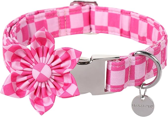 Dog Collar with Flower, UP URARA PUP Cute Pink Dog Bowtie Collar, Detachable Flower Bow Puppy Collar with Metal Buckle for Dogs,L