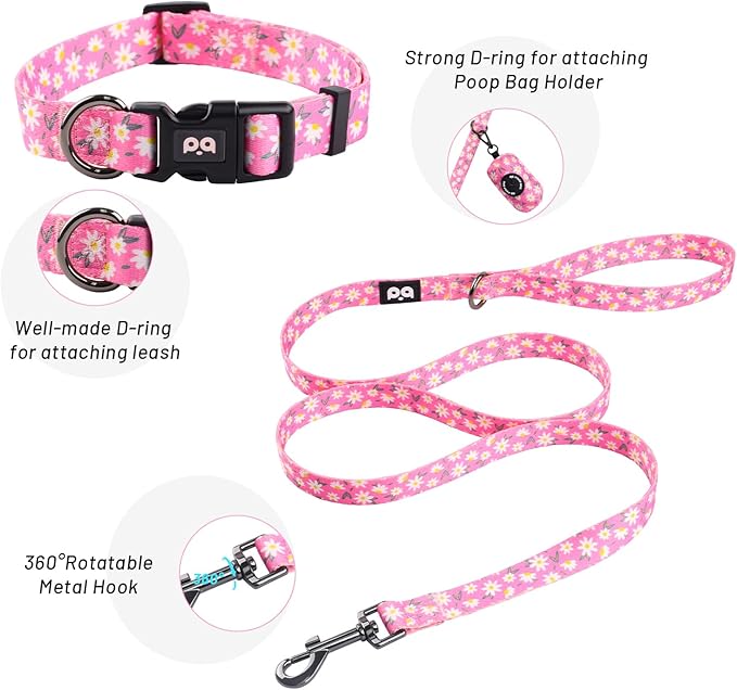 QQPETS Dog Harness Collar Leash with Poop Bag Holder 4 PCS Set, Adjustable No Pull Soft Mesh Padded Vest for Small Medium Large Pet Puppy Outdoor Walking (Daisy Pink, XS (Chest 12.1”-18.9”))