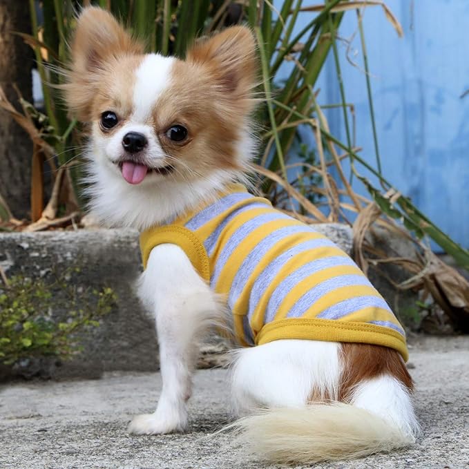 LOPHIPETS 100% Cotton Striped Dog Shirts for Small Dogs Chihuahua Puppy Clothes Tank Vest-Yellow and Gray Strips/L