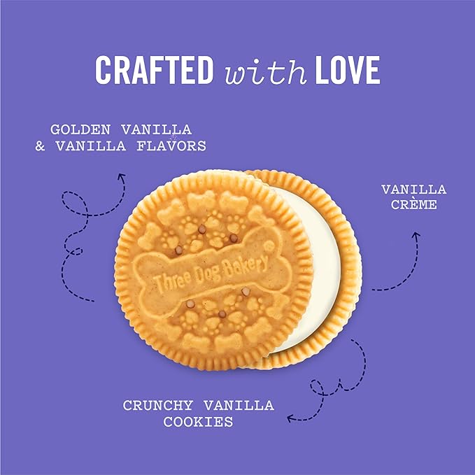 Three Dog Bakery Lick'n Crunch! Golden & Vanilla Dog Sandwich Cookies, 20 Count – Dog Treat Cookies, Puppy Cookies with Real Ingredients, Dog Birthday Cookies, Dog & Puppy Training Treats