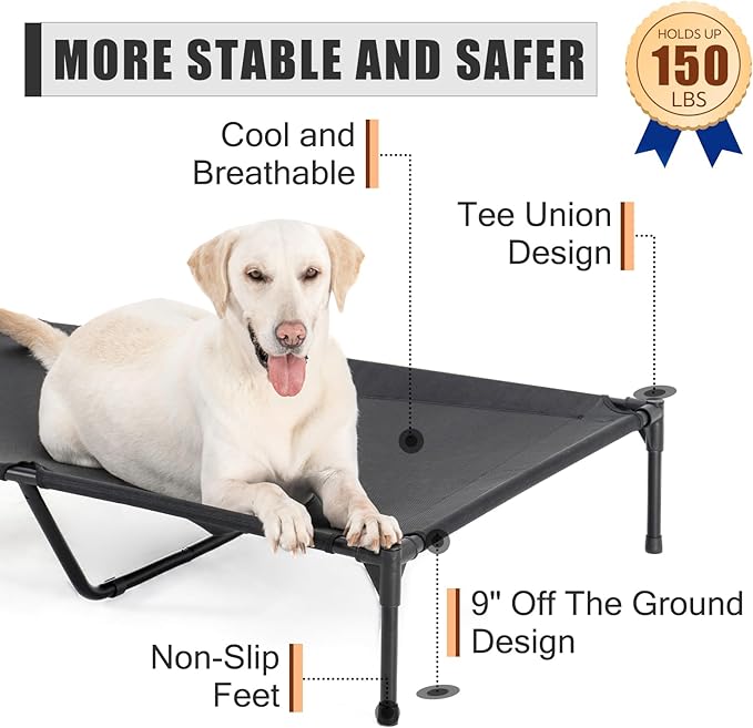 Elevated Dog Bed for Extra Large Dogs, Raised Dog Cot Beds Fits Up to 150 LBs, Heavy Duty Pet Cots with Durable Supportive Teslin Recyclable Mesh, Indoor & Outdoor Dog Bed, Black