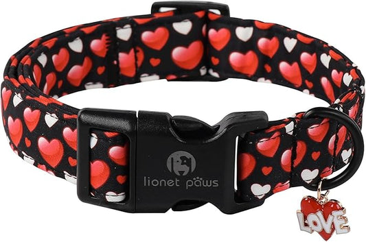 Lionet Paws Valentine's Dog Collar- Cute Sweet Pink Heart Black Dog Collars with Plastic Buckle, Light Adjustable Dog Collars for Small Medium Dogs