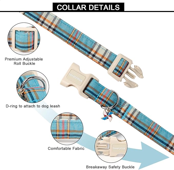 Lionet Paws Boy Dog Collar- Cute Blue Plaid Dog Collars with Plastic Buckle, Light Adjustable Dog Collars for Small Dogs