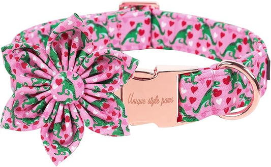 Unique style paws Dog Collar with Flower Tie Pink Dinosaur & Heart Puppy Collar Suitable for Small Medium Large Dogs with Adjustable Safety Metal Buckle for Valentine's Day-XS
