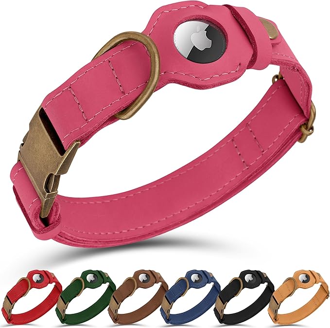 AirTag Dog Collar - Genuine Leather Dog Collar with Apple AirTag Holder and Metal Buckle - Smart GPS Tracking Pet Collars for Small Medium Large Dogs Puppy (Pink, L, 17"-21" Neck Fit)