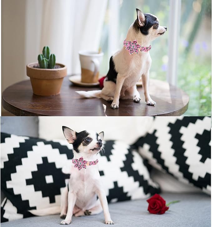 Unique style paws Dog Collar with Flower Tie Pink Dinosaur & Heart Puppy Collar Suitable for Small Medium Large Dogs with Adjustable Safety Metal Buckle for Valentine's Day-XL