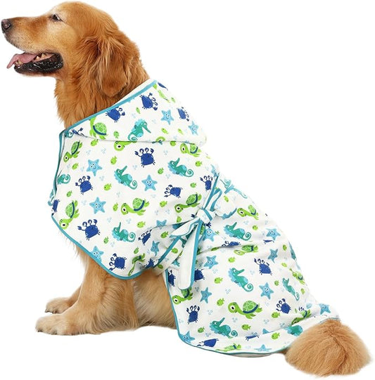 HDE Dog Bathrobe Super Absorbent Quick Drying Towel with Hood for All Dog Breeds Sizes S-XXL - Sea Animals - XL