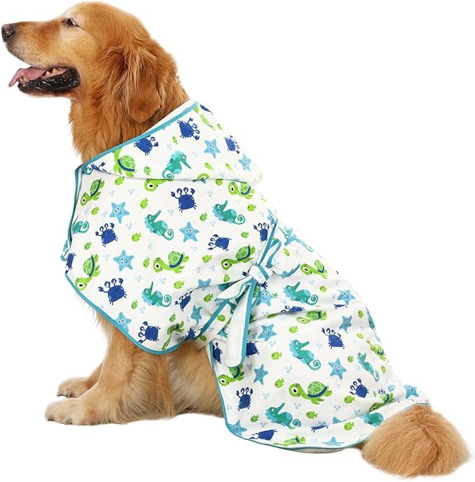 HDE Dog Bathrobe Super Absorbent Quick Drying Towel with Hood for All Dog Breeds Sizes S-XXL - Sea Animals - L
