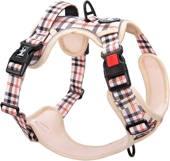 PoyPet Plaid Dog Harness, No Pull Front Clip Pet Vest Harness, Soft Padded Reflective Adjustable Walking Harness with Handle for Large Dogs(Checkered Beige,L)