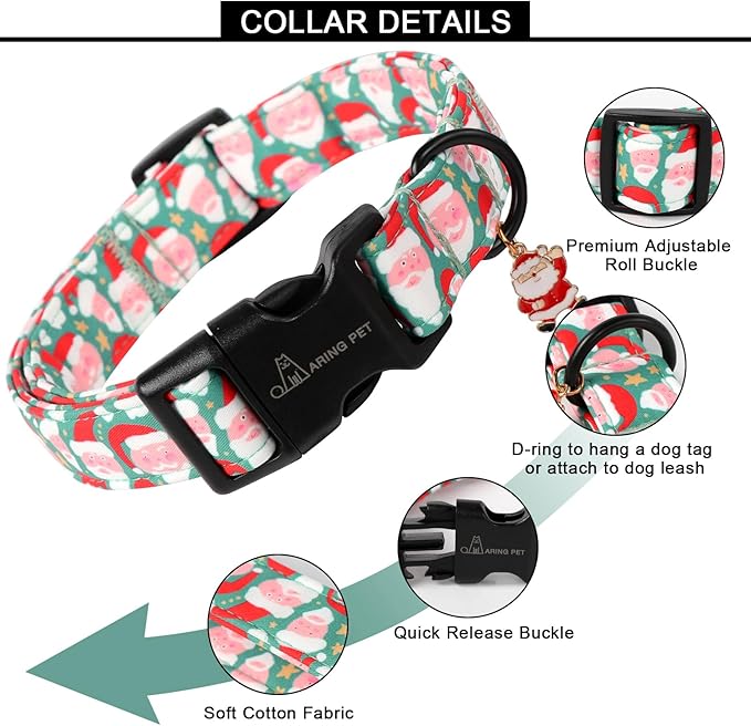 ARING PET Christmas Dog Collar-Cute Green Santa Claus Dog Collars, Adjustable Christmas Pet Collars Puppy Collar with Quick Release Buckle for Girl&Boy Dogs