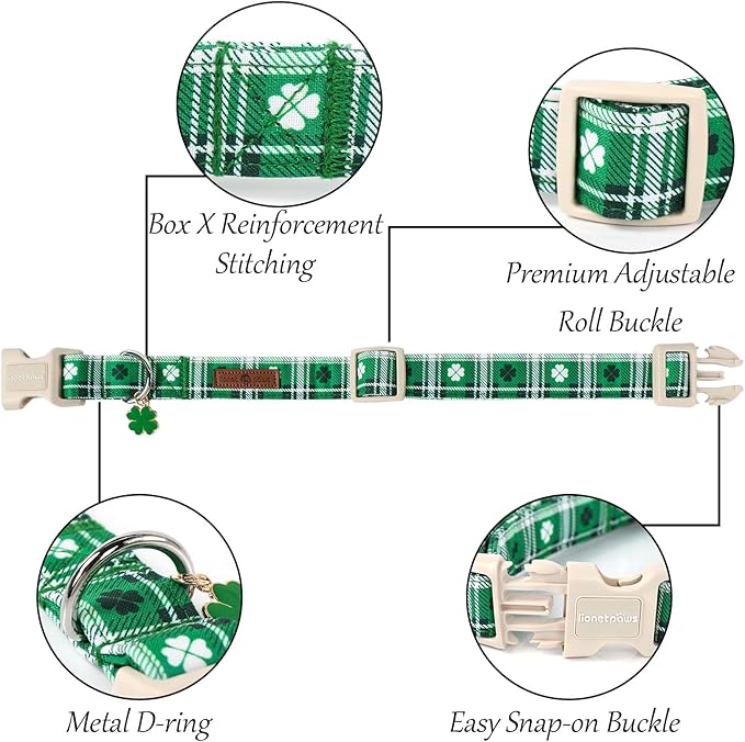 Lionet Paws St. Patrick Dog Collar, Comfortable Adjustable Green Collar with Green Clover Pattern for Small Male Female Dogs Collars, Neck 10-16 inches