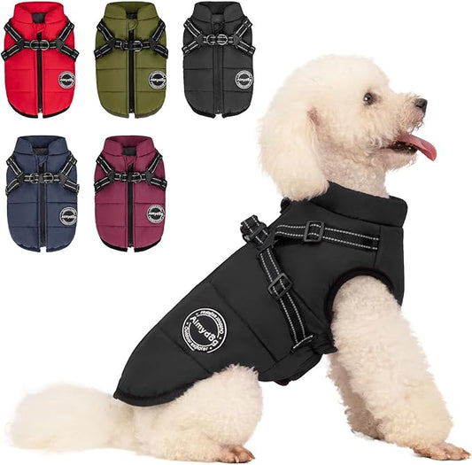 Warm Winter Coat, Waterproof Windproof Jacket, Reflective Adjustable Black Pet Vest with Harness, Thick Polar Fleece Lining Cozy Apparel for Small Medium Dogs & Cats