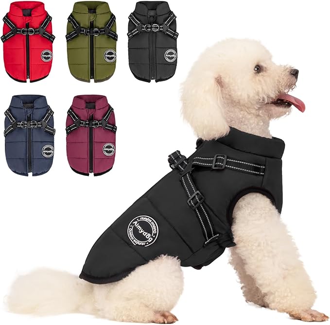 Warm Winter Coat, Waterproof Windproof Jacket, Reflective & Adjustable Black Pet Vest with Harness, Thick Polar Fleece Lining Cozy Apparel for Small Medium Dogs & Cats