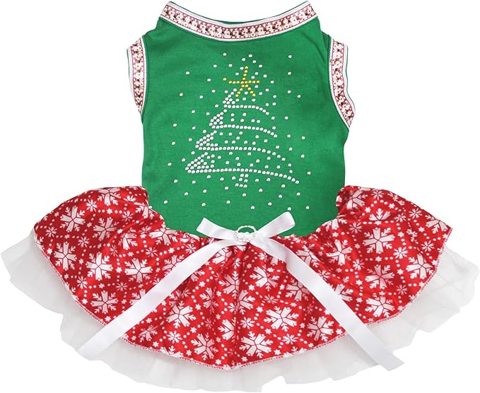 Petitebella Rhinestone Christmas Tree Puppy Dog Dress (Green/Snowflakes, X-Small)