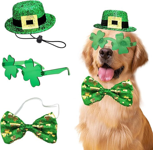 St Patrick's Day Dog Costume 3 Pcs Irish Leprechaun Green Tall Hat Pet Shamrock Sunglasses Bow Tie Kit for Large Dogs Saint Patricks Day Parties Dog Outfits (Large, Irish buckle hat bowtie sunglasses)