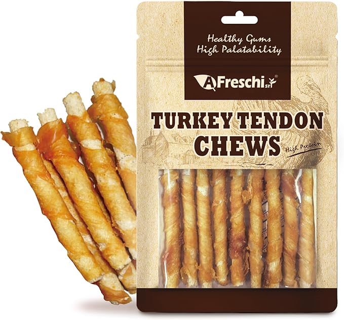 Afreschi Wrapped Turkey Tendon with Brown Rice Stick 3.5 oz, Turkey Sourced from USA, Dog Treats for Wrapped Series, All Natural Human Grade Dog Treat, Hypoallergenic, Rawhide Alternative
