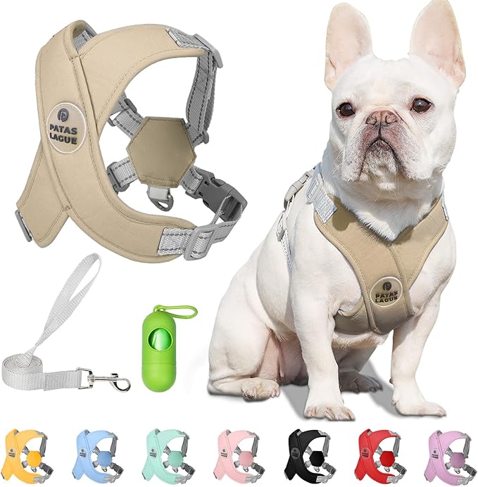 Patas Lague Dog Harness with Leash Set Adjustable Soft Padded Step-in Dog Vest No Choke No Pull Reflective for Medium Pets with Poop Bags and Dispenser, Solid and No-chew, Brown L