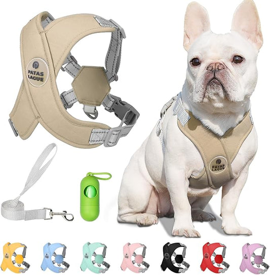 Patas Lague Dog Harness with Leash Set Adjustable Soft Padded Step-in Dog Vest No Choke No Pull Reflective for Medium Pets with Poop Bags and Dispenser, Solid and No-chew, Brown L