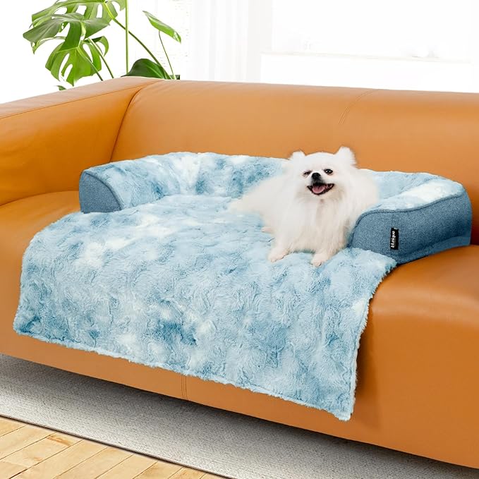Calming Dog Couch Bed for Medium Dogs/Cats, 35 x 31 inch Waterproof Removable Dogs Mat Couch Cover for Furniture Protector, Non-Slip Fluffy Pelsbarn Dog Bed for Couch, Sofa - Tie-Dry Blue