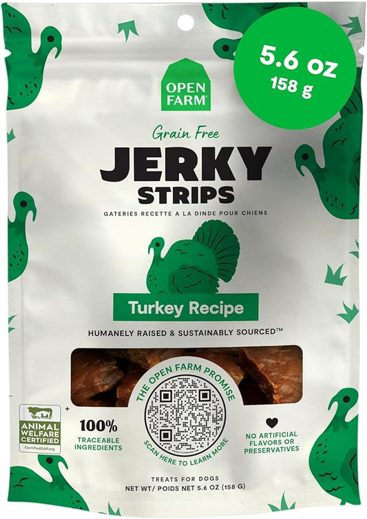 Open Farm, Dog Jerky Treats, Soft & Chewy Oven-Baked Jerky Strips Made with Ethically & Sustainably Sourced Ingredients, Protein Packed Dog Treats, Grain-Free Turkey Recipe, 5.6oz Pouch