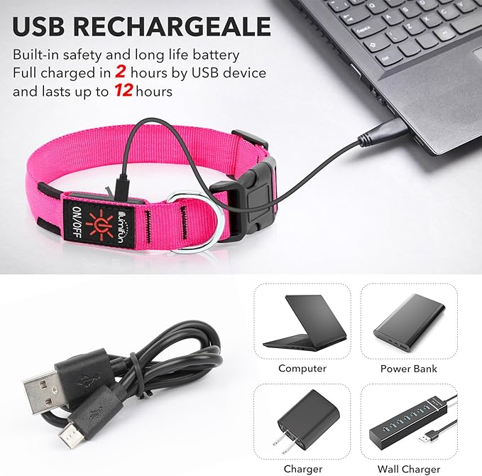 Illumifun LED Dog Collar - USB Rechargeable Light Up Dog Collar, Adjustable Safety Collar Light for Your Dogs Glow in The Dark (Pink, Medium)