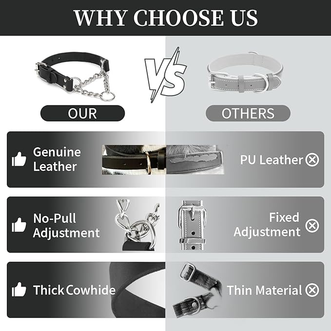 Martingale Collar for Dogs No-Pull Adjustable Training Collar with Stainless Steel Chain - Genuine Leather Anti-Slip Design for Small,Medium,Large Breed Dogs - Black (S)