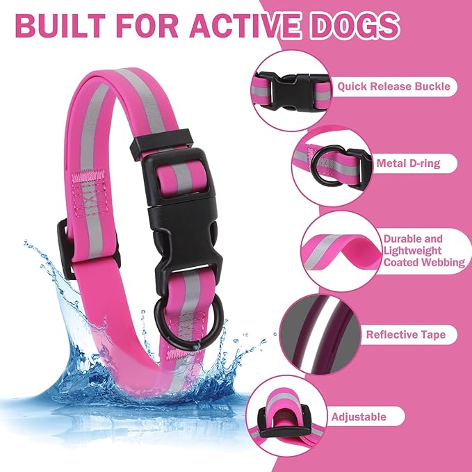 Waterproof Dog Collar, Soft Rubber with Safety Buckle - Adjustable Dog Collars for Large Small Medium Dogs Puppy, Heavy Duty Odor-Resistant Reflective Pet Collar, Purple L