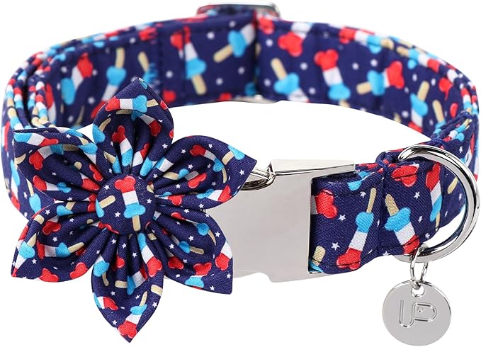 American Flag Dog Collar with Flower, 4th of July Comfortable Cotton Cute Dog Collar with Metal Buckle, Patriotic Flower Collar for Puppy Girl Boy Dog, M