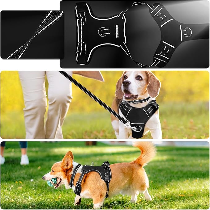 WINSEE Dog Harness No Pull, Pet Harnesses with Dog Collar, Adjustable Reflective Oxford Outdoor Vest, Front/Back Leash Clips for Small, Medium, Large, Extra Large Dogs, Easy Control Handle for Walking