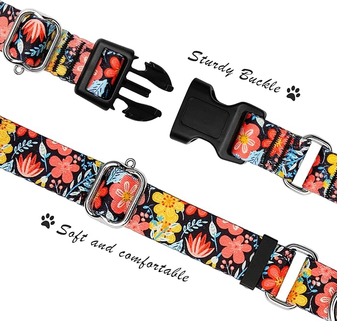 Hikiko Martingale Collar for Dogs Cute Floral Dog Collar for Small Medium Large Dogs Soft Nylon Adjustable Dog Collars (Flower Grass,Large)
