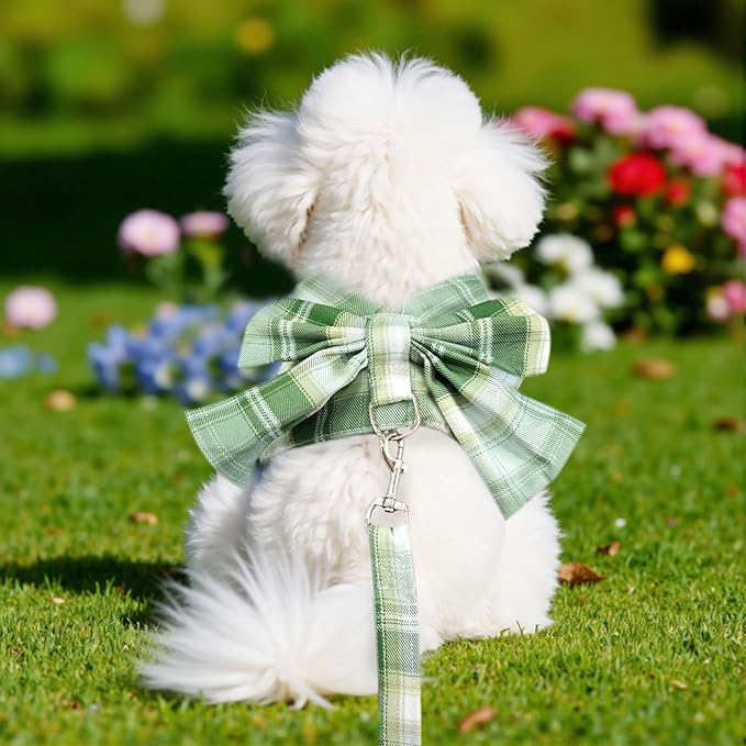 Cute Dog Harness and Leash Set with Bow Tie Soft Mesh Plaid Girl Puppy Harness No Pull Pet Cat Dog Vest Harness for Small Dogs Chihuahua Rabbit Outfit (Green,L)