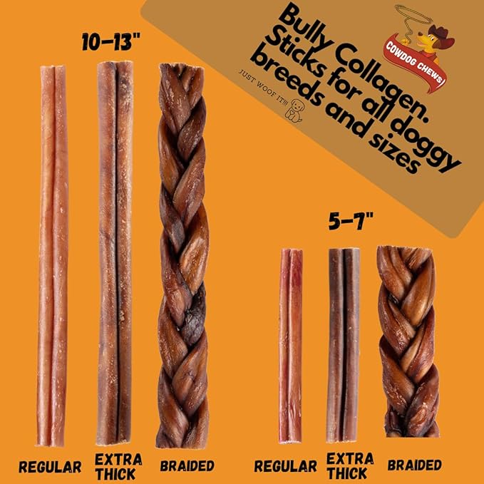 Cowdog Chews Beef Bully Stick: Odor-Free, Fully Digestible Beef Collagen Chews (5-7", 25 Count) - Natural, Grain-Free, Long-Lasting Collagen Bully Stick Substitute for All Dog Breeds