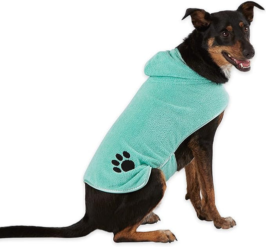 Bone Dry Pet Robe Collection Embroidered Absorbent Microfiber Bath Robe with Adjustable Closure, for Dogs & Cats, Large, Aqua
