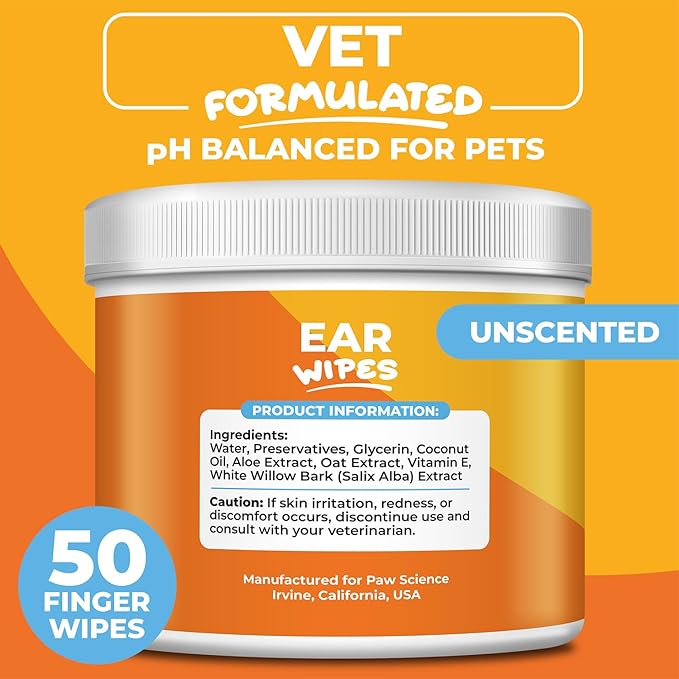 Dog & Cat Ear Cleaner Wipes – Pet Finger Wipes for Cats & Dogs – Cleaning, Soothing, and Deodorizing Itchy Ears – Ear Relief Solution Wash - Unscented