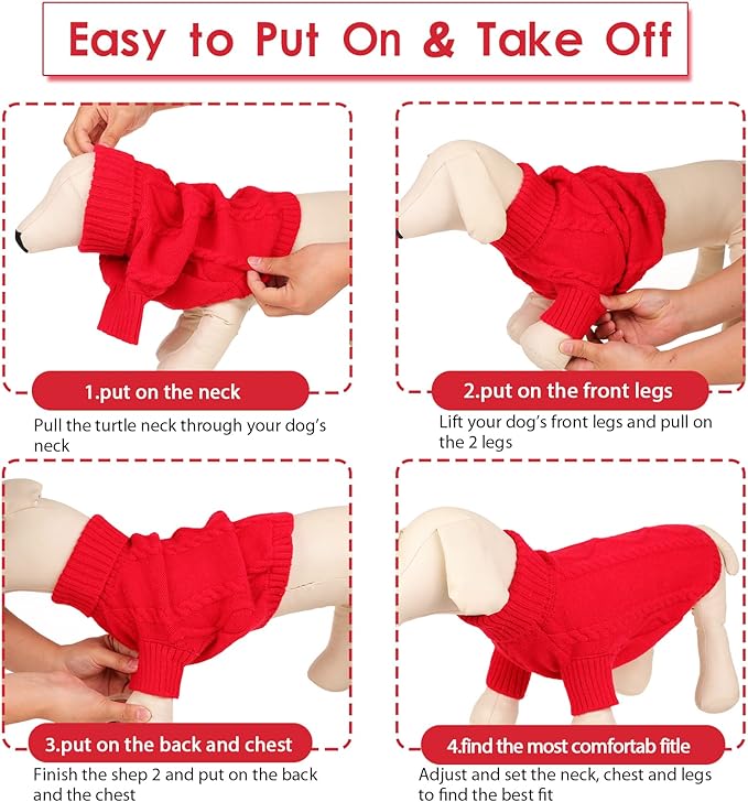 Queenmore XXL Large Dog Winter Clothes - Warm Turtleneck Knitted Sweaters for Pitbull Doberman Dogs, Males & Females, Red, 2XL