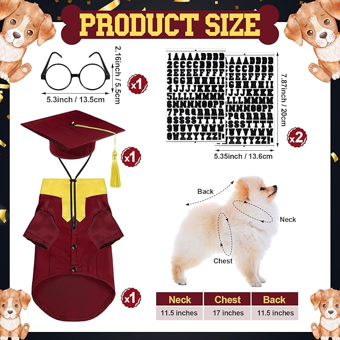5 Pcs Dog Graduation Costume Set Include 2025 Pet Graduation Gown with Stole Puppy Grad Cap Lensless Glasses DIY Letter Stickers for Dogs Cats Holiday Costume Accessory(Maroon Yellow,S)