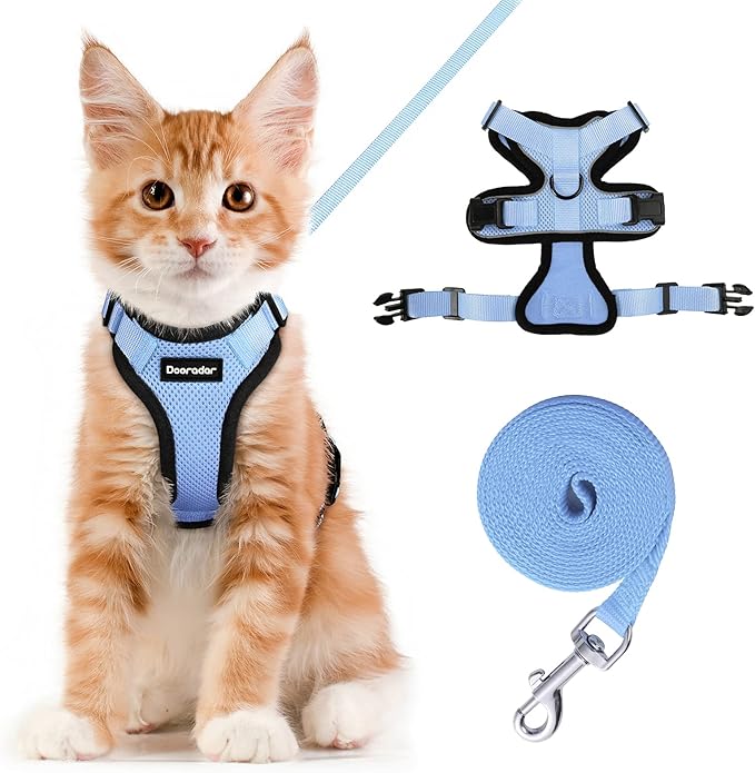 Dooradar Cat Harness and Leash Set, Escape Proof Safe Adjustable Kitten Vest Harnesses for Walking, Easy Control Soft Breathable Mesh Jacket with Reflective Strips for Cats, Light Blue, S