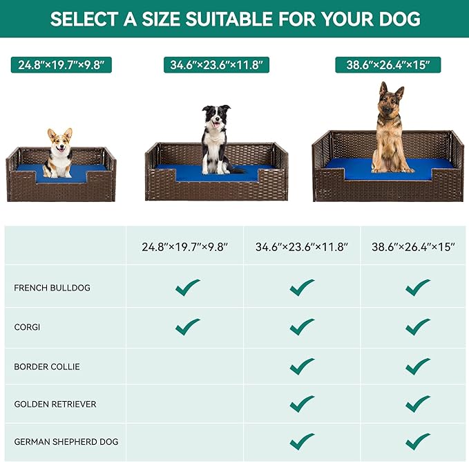 YITAHOME Rattan Dog Sofa Bed with Cushion,Wicker Pet Bed Sofa Couch Indoor Outdoor Water Resistant for Large Medium Small Dogs Cats (38.6''L*26.4''W*15''H,Blue)